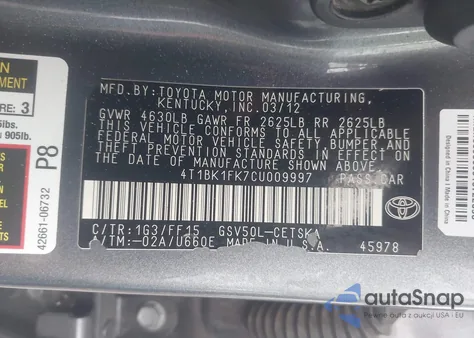 2012 Toyota Camry Se V6 from USA, damaged, VIN 4T1BK1FK7CU009997